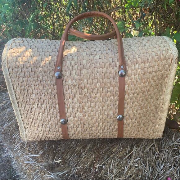 Large Woven Tote Wicker Rattan Vintage Leather Handwoven Mexican Tote Bag - Picture 12 of 15
